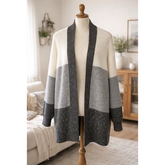 Eddie Bauer Sweaters - Eddie Bauer Open Front Cable Ivory Gray Black Cardigan Sweater Women’s Large